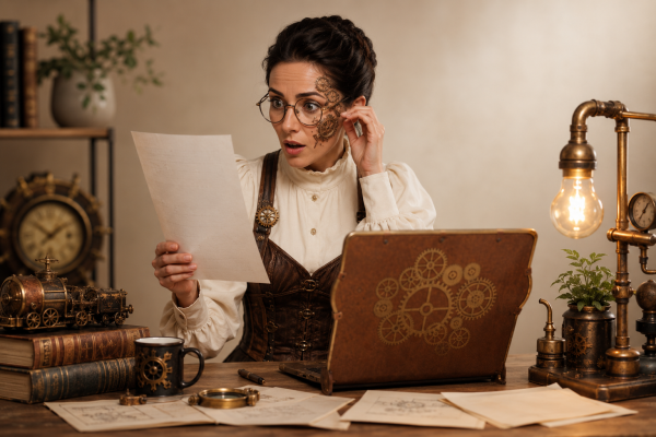 Small business owner reviewing email setup notes at a laptop