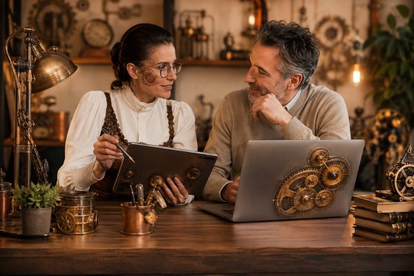 Small business IT consultancy conversation with a laptop and tablet
